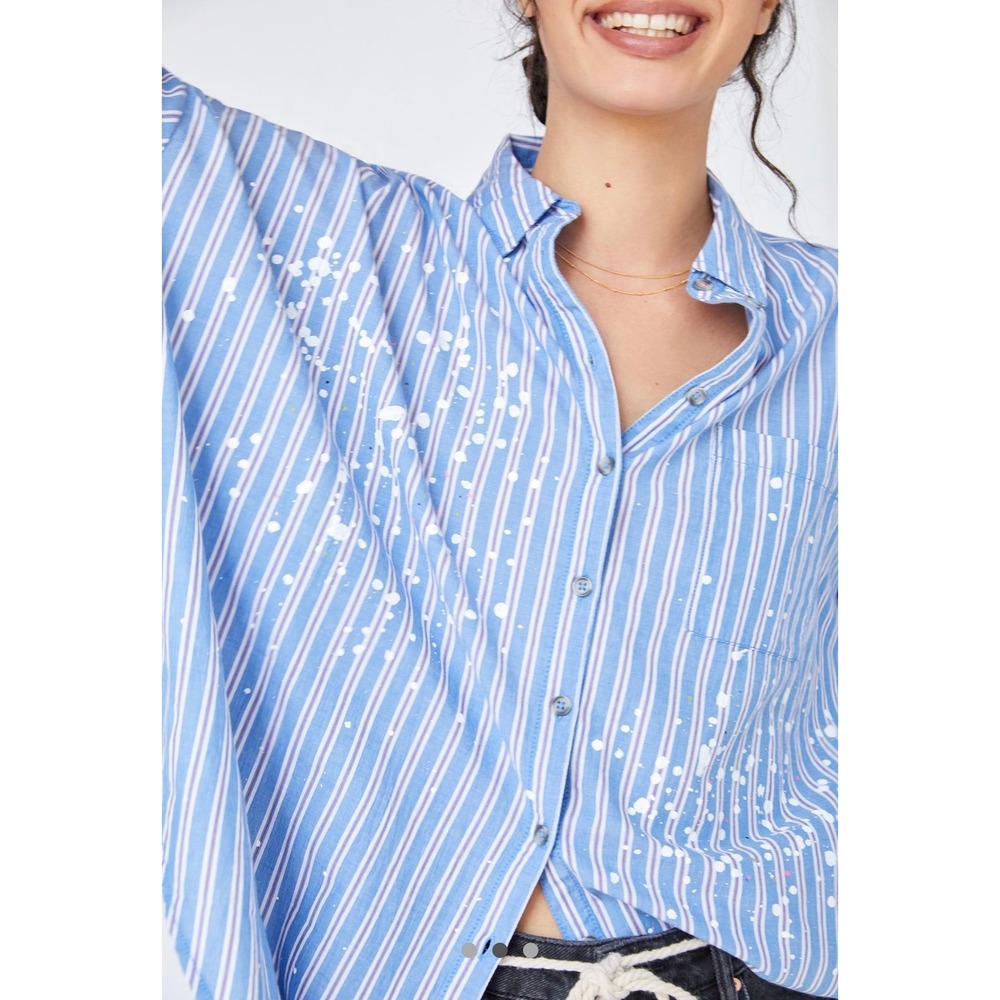 PILCRO The Bo Boyfriend Buttondown Women M L Blue Striped Paint Splatter Shirt - Picture 3 of 16